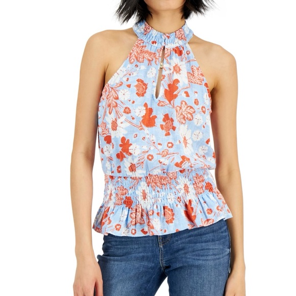 Floral Print Halter Top - Blue and Red - Picture 1 of 4